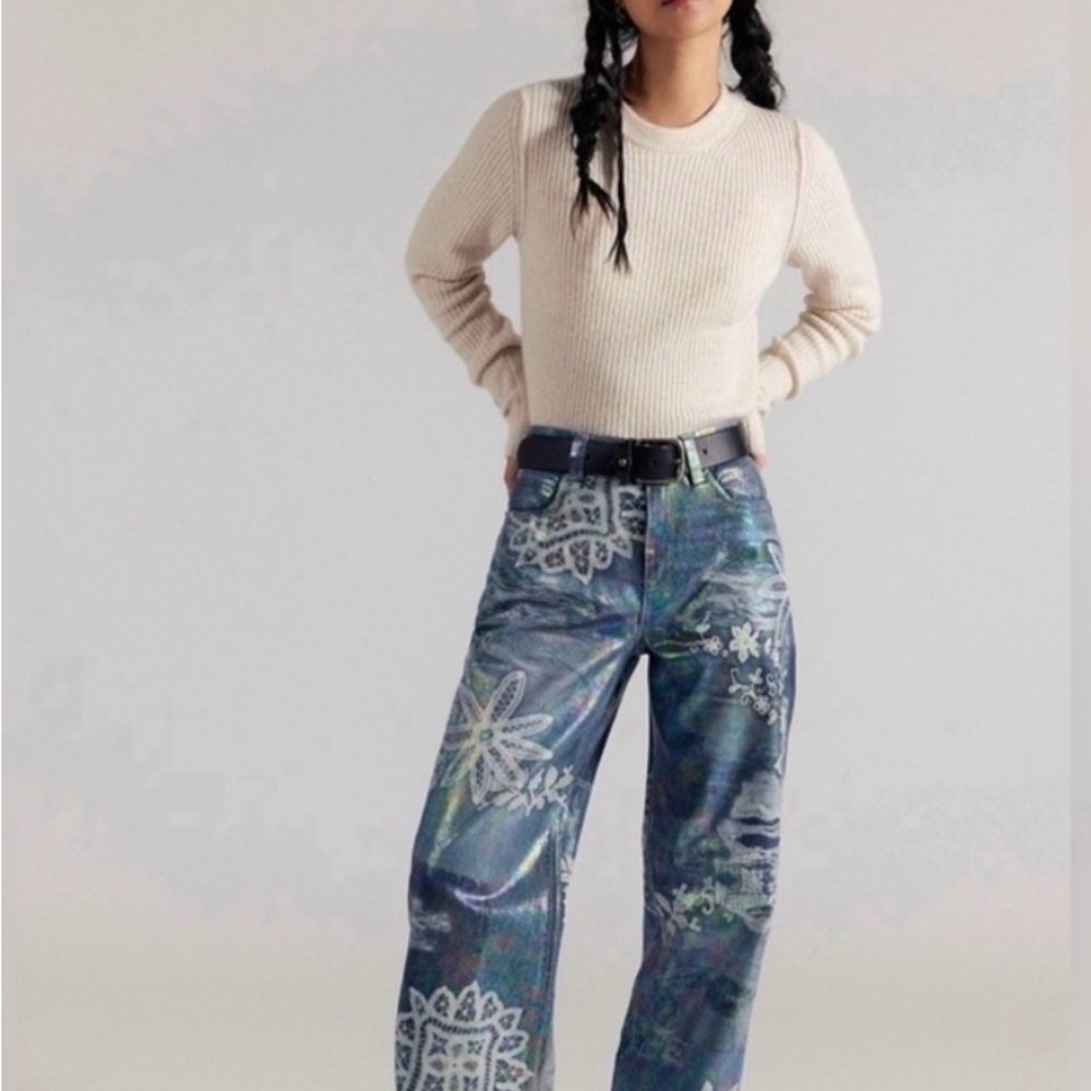 NWT FREE PEOPLE WE THE FREE TINSLEY Women's Blue Floral Wide-Leg Jeans
